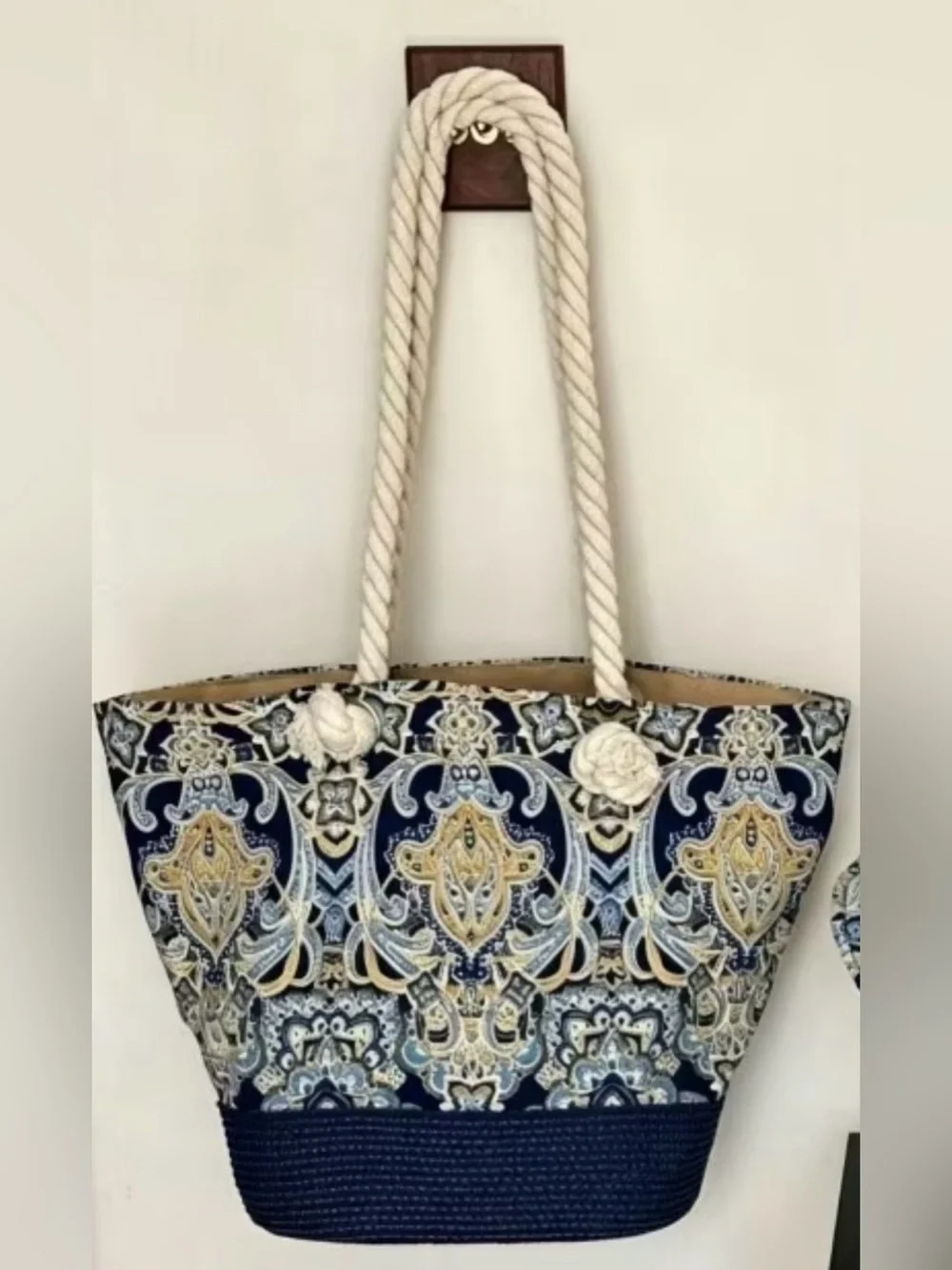 Bohemian Navy Paisley Straw Tote with Matching Sun Hat - Coordinated Beach Set
